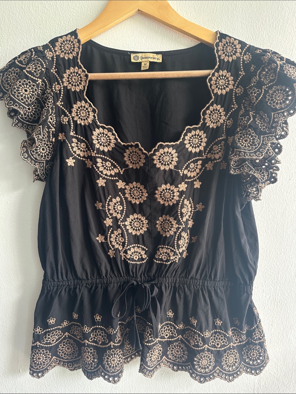 Democracy Black Peasant Top with Tan Floral Embroidery